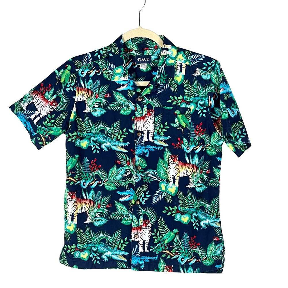 The Children's Place Button Down Shirt Women 14 XL Jungle Tiger Navy Blue Safari